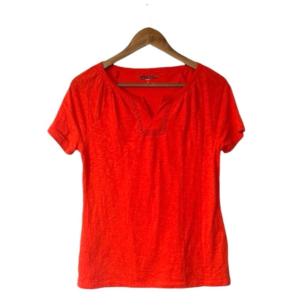 NEW Talbots Red Orange Short Sleeve V-Neck T-Shirt Casual Cotton Size Small